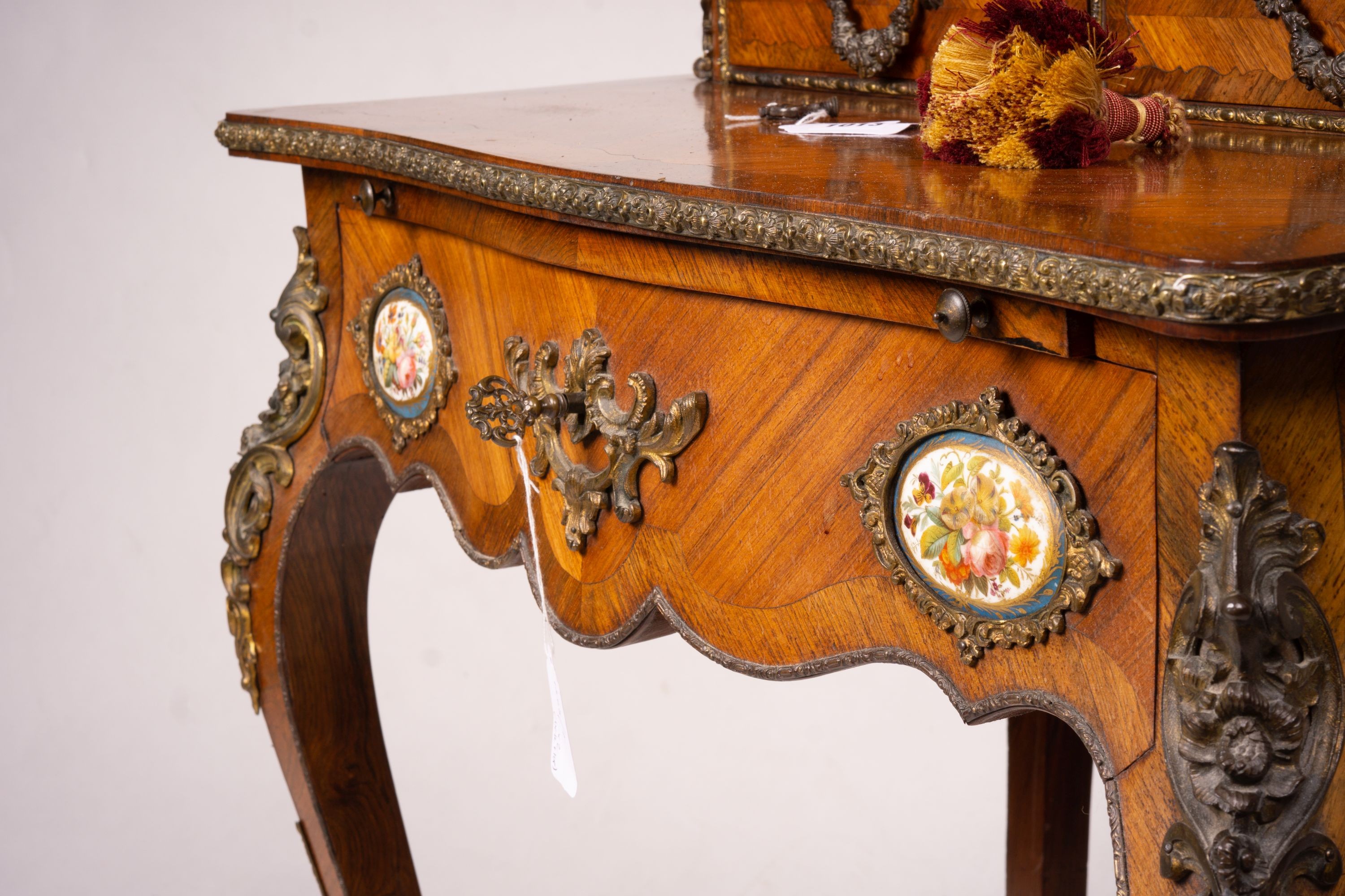 A late 19th century French gilt metal and porcelain mounted kingwood bonheur du jour, width 73cm, depth 50cm, height 128cm
